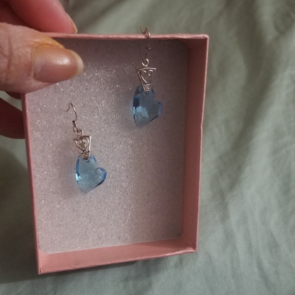 Prom Dance Blue and Silver Swarovski Crystal Handmade dangler Heart Earrings. - Picture 4 of 5